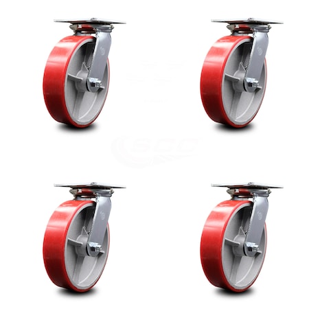 Service Caster 8 Inch Red Poly on Cast Iron Caster Set with Ball Bearings and Swivel Locks SCC-35S820-PUB-RS-BSL-4